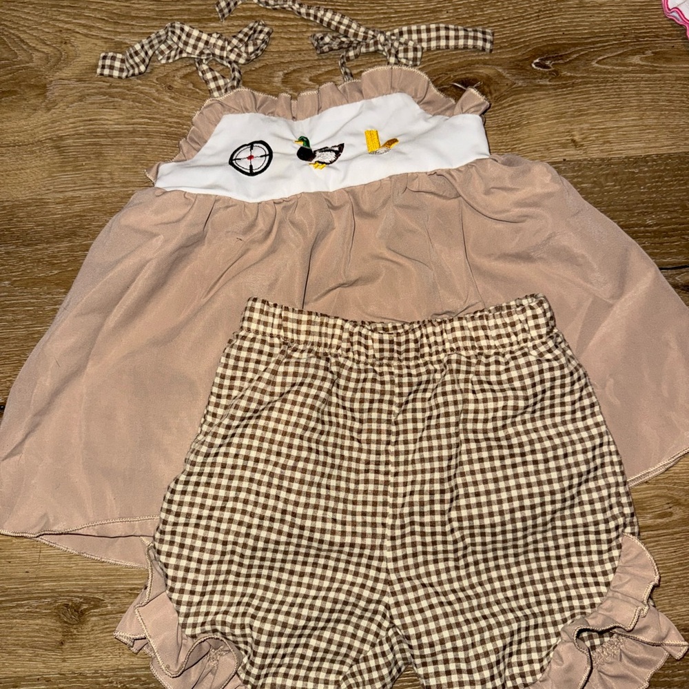 Girls Two-Piece Brown Top and Brown Gingham Shorts Set
